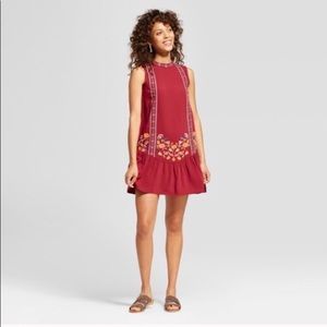Xhilaration Maroon Embroidered Drop Waist Dress